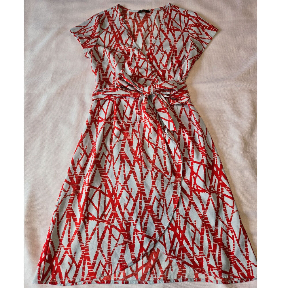 Sz XS YALY COUTURE Eggshell Blue Red Branch Print Crepe Short-sleeved Wrap Dress